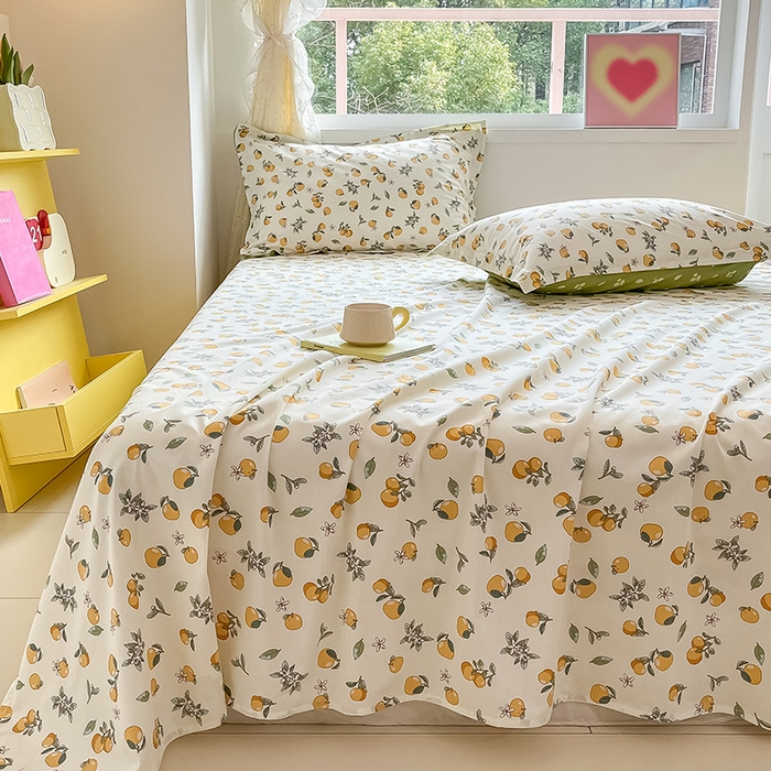 91家纺网 家纺一手货源 找家纺 绵庭家纺 2024新款AB版12868全棉印花单床单 蜜橙
