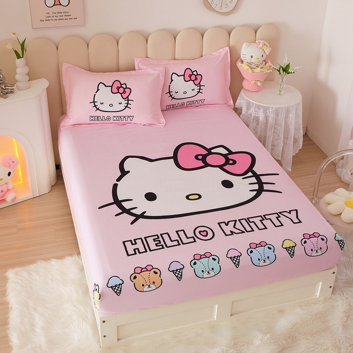 91家纺网 家纺一手货源 找家纺 蘭菲家纺 2024新款全棉大版三丽鸥卡通单床笠 粉系