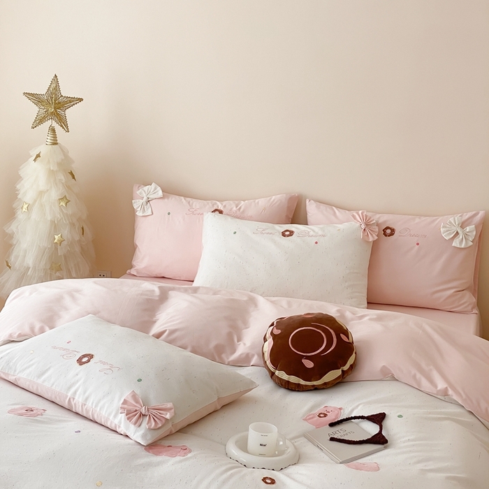 91家纺网 家纺一手货源 找家纺 朗莎 2024新款40S水洗棉四件套 粉猪猪