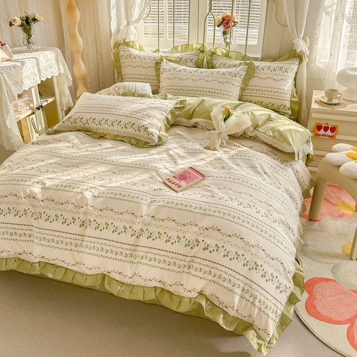 91家纺网 家纺一手货源 找家纺 眠屿 2024新款40支全棉花边四件套 叶雨