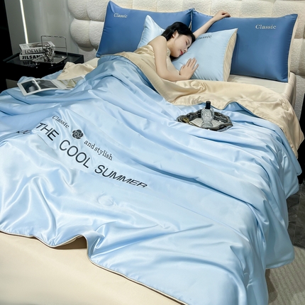 梦镜家纺 2025新款凉感丝刺绣系列夏被 海盐蓝+香槟