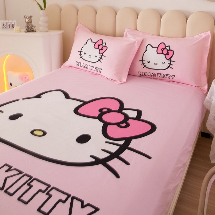 91家纺网 家纺一手货源 找家纺 蘭菲家纺 2024新款全棉大版三丽鸥卡通单床笠 粉系