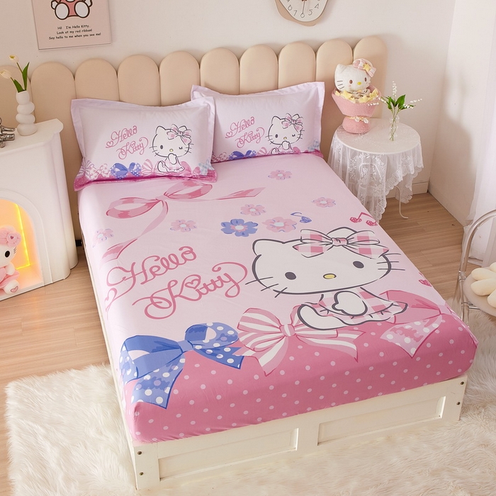 91家纺网 家纺一手货源 找家纺 蘭菲家纺 2024新款全棉大版三丽鸥卡通单床笠 炫彩KT