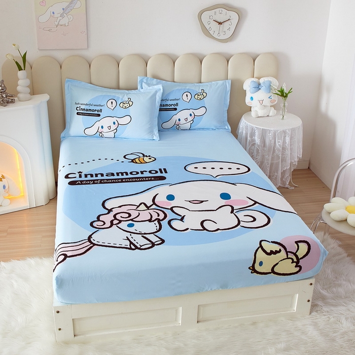 91家纺网 家纺一手货源 找家纺 蘭菲家纺 2024新款全棉大版三丽鸥卡通单床笠 布丁