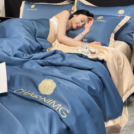 91家纺网 家纺一手货源 找家纺 江暮云家纺 2025新款A类水洗真丝刺绣夏被四件套-百丽儿 百丽儿中灰-奶茶