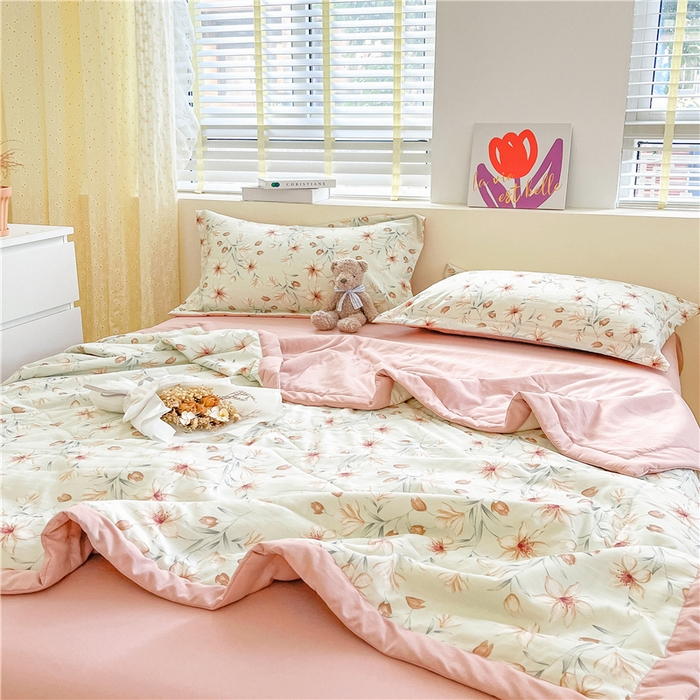 91家纺网 家纺一手货源 找家纺 梵克保罗 2024新款春夏水洗棉麻双层纱夏被四件套 花样甜心