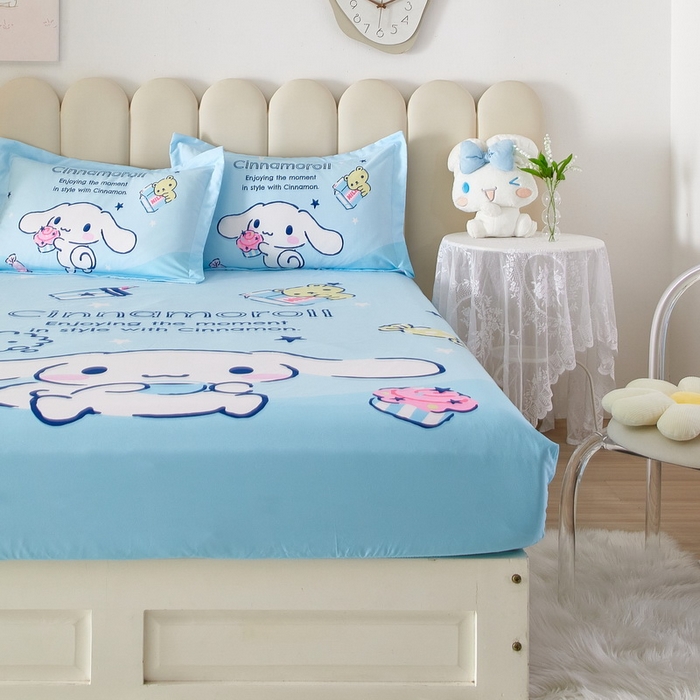 91家纺网 家纺一手货源 找家纺 蘭菲家纺 2024新款全棉大版三丽鸥卡通单床笠 吃货