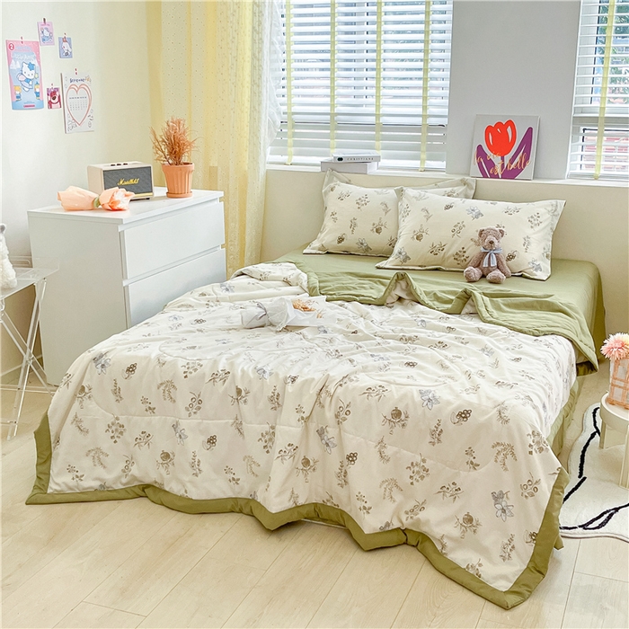 91家纺网 家纺一手货源 找家纺 梵克保罗 2024新款春夏水洗棉麻双层纱夏被四件套 石榴花开