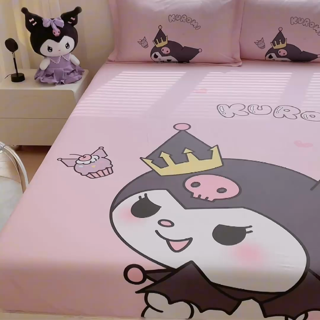 91家纺网 家纺一手货源 找家纺 蘭菲家纺 2024新款全棉大版三丽鸥卡通单床笠 粉巴库