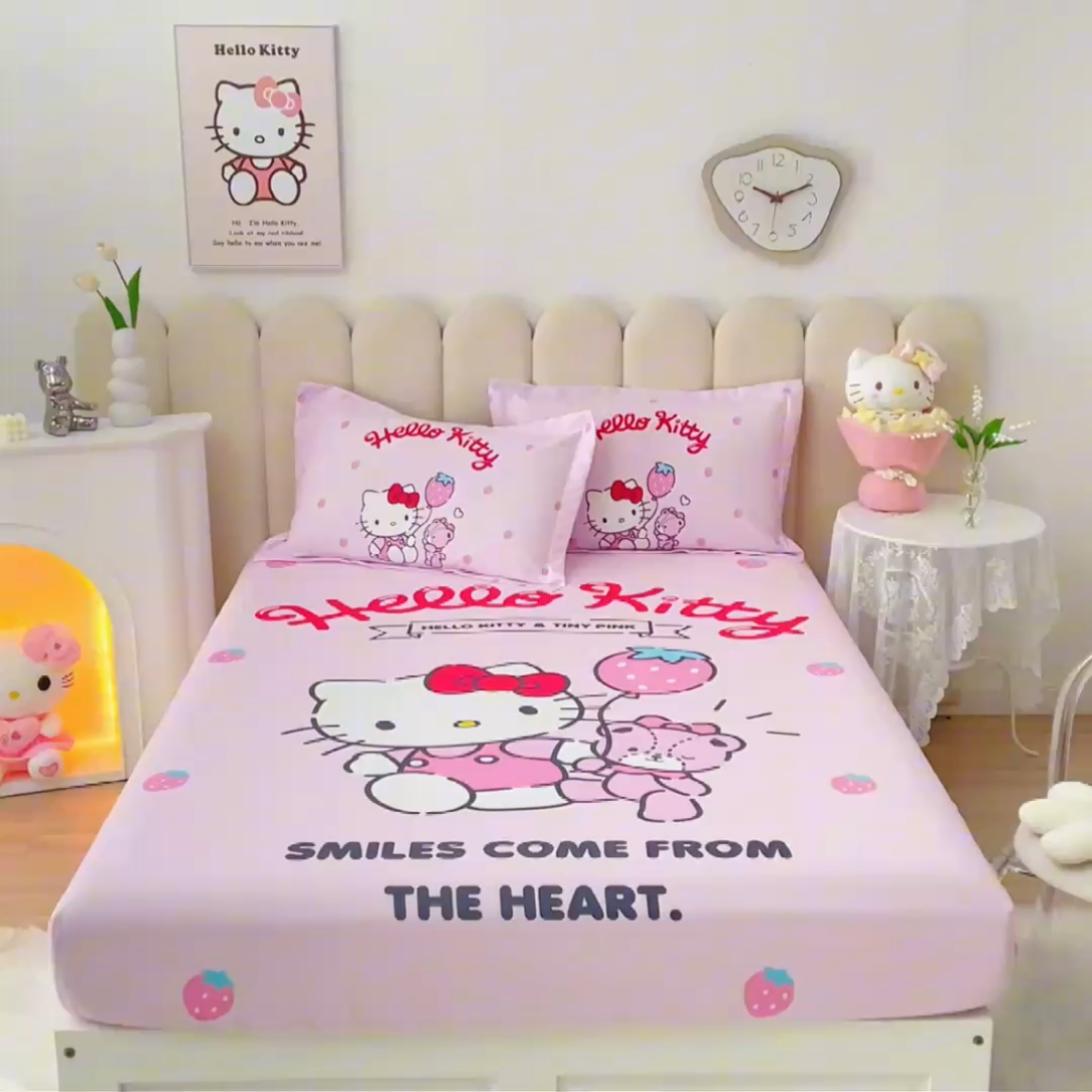 91家纺网 家纺一手货源 找家纺 蘭菲家纺 2024新款全棉大版三丽鸥卡通单床笠 草莓派