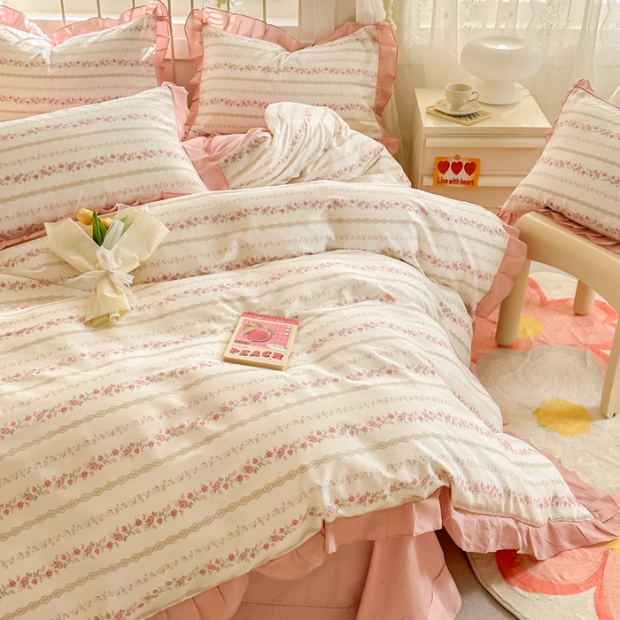 91家纺网 家纺一手货源 找家纺 眠屿 2024新款40支全棉花边四件套 柔美花秀