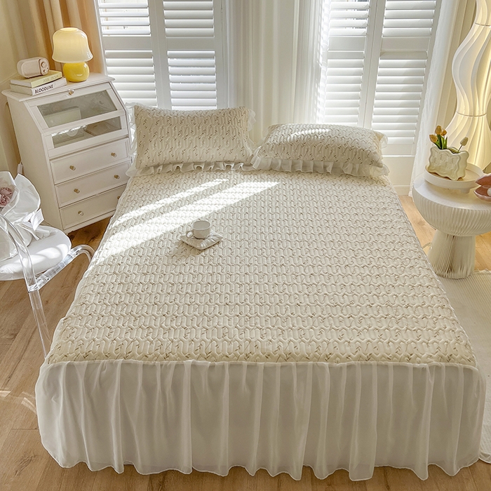 91家纺网 家纺一手货源 找家纺 慕澄家纺 2024新款小版印花床裙款乳胶凉席三件套 床裙款-叶子青青