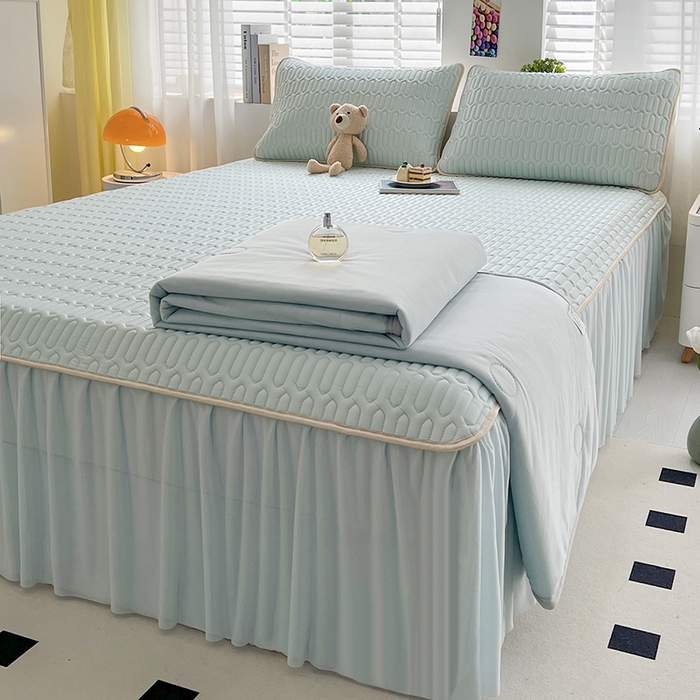 91家纺网 家纺一手货源 找家纺 爱洛 2024新款凉感丝乳胶凉席夏被四件套夏凉被空调被乳胶席 浅蓝