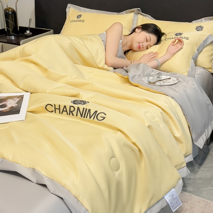 91家纺网 家纺一手货源 找家纺 江暮云家纺 2025新款A类水洗真丝刺绣夏被四件套-百丽儿 百丽儿芝士黄-山灰