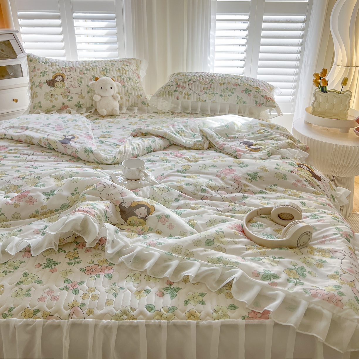 91家纺网 家纺一手货源 找家纺 慕澄家纺 2024新款小版印花床裙款乳胶凉席凉感丝夏被四件套 床裙款-夏天