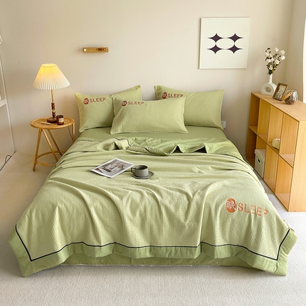 91家纺网 家纺一手货源 找家纺 眠博士 2024新款A类全棉华夫格拼角夏被套件系列 夏被-果绿