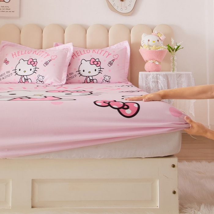 91家纺网 家纺一手货源 找家纺 蘭菲家纺 2024新款全棉大版三丽鸥卡通单床笠 甜心KT