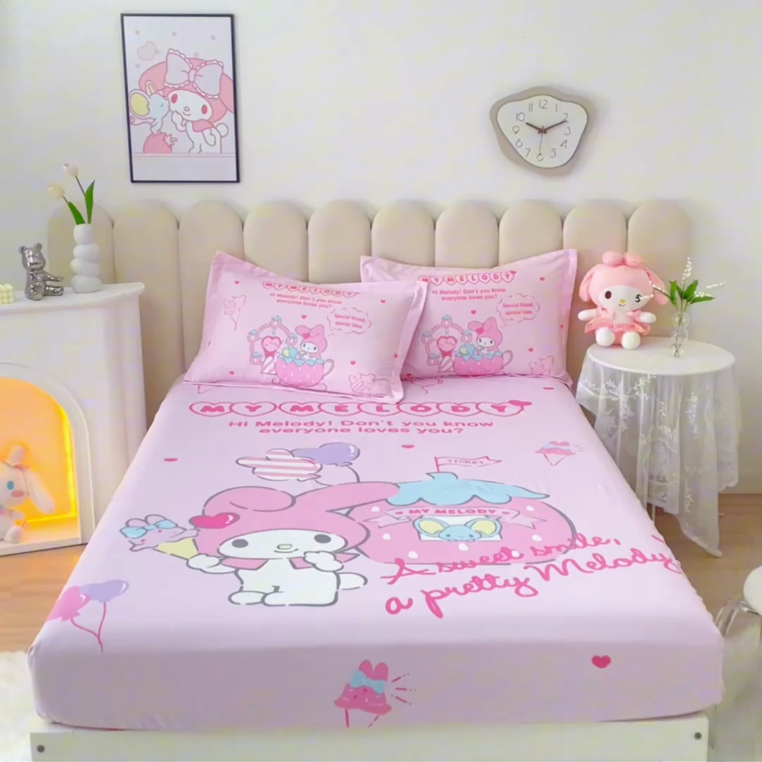 91家纺网 家纺一手货源 找家纺 蘭菲家纺 2024新款全棉大版三丽鸥卡通单床笠 花园宝宝