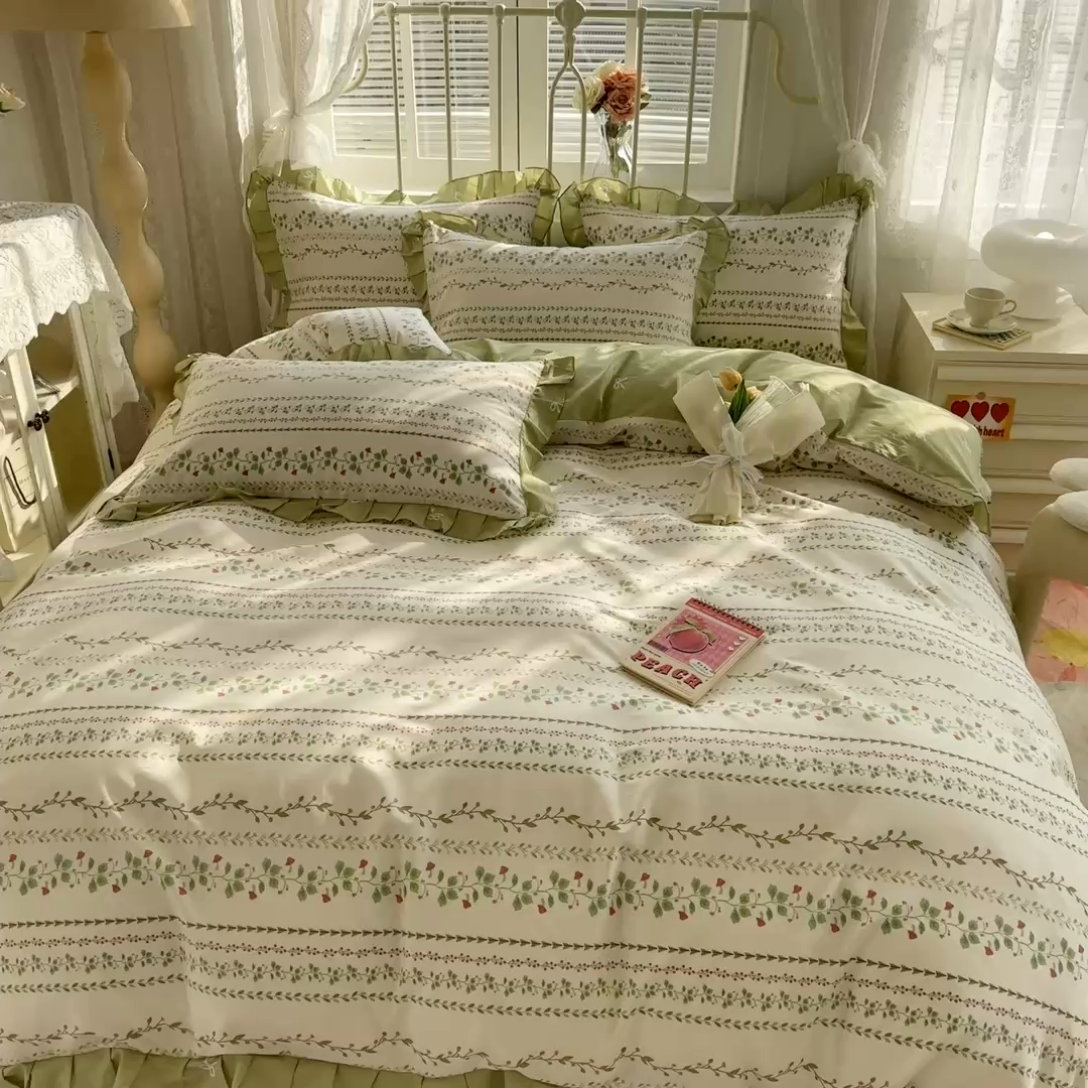 91家纺网 家纺一手货源 找家纺 眠屿 2024新款40支全棉花边四件套 叶雨