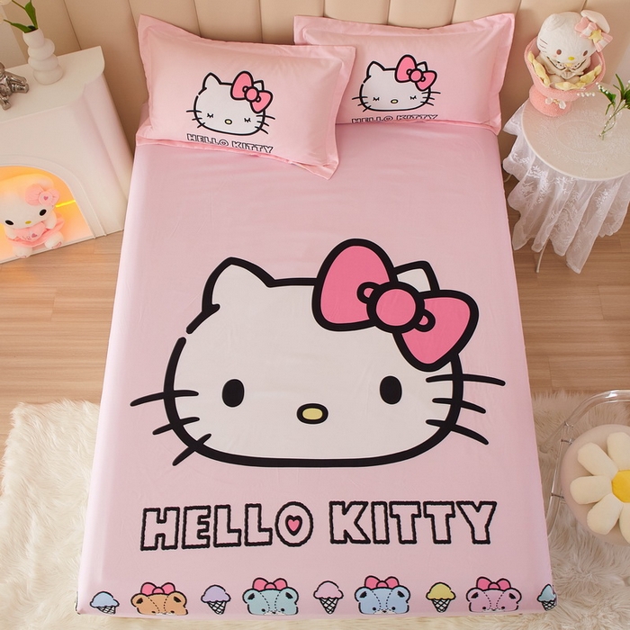 91家纺网 家纺一手货源 找家纺 蘭菲家纺 2024新款全棉大版三丽鸥卡通单床笠 粉系