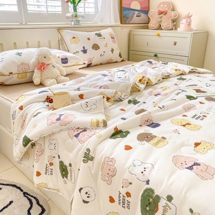 91家纺网 家纺一手货源 找家纺 （总）花漾 2024新款A类花边小清新卡通针织凉感丝夏被软席四件套凉席夏被四件套