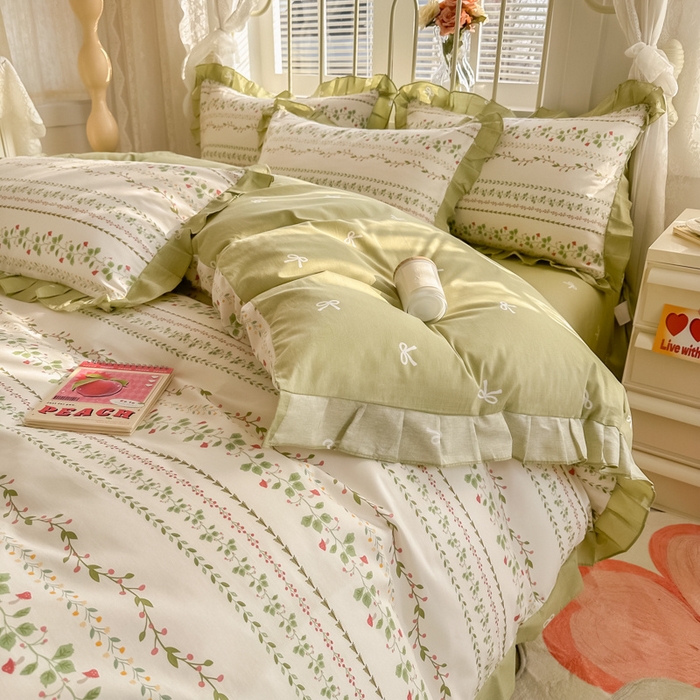 91家纺网 家纺一手货源 找家纺 眠屿 2024新款40支全棉花边四件套 叶雨