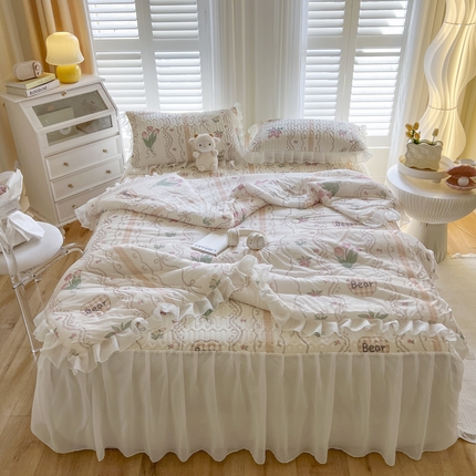 慕澄家纺 2024新款小版印花床裙款乳胶凉席凉感丝夏被四件套 床裙款-洛丽塔