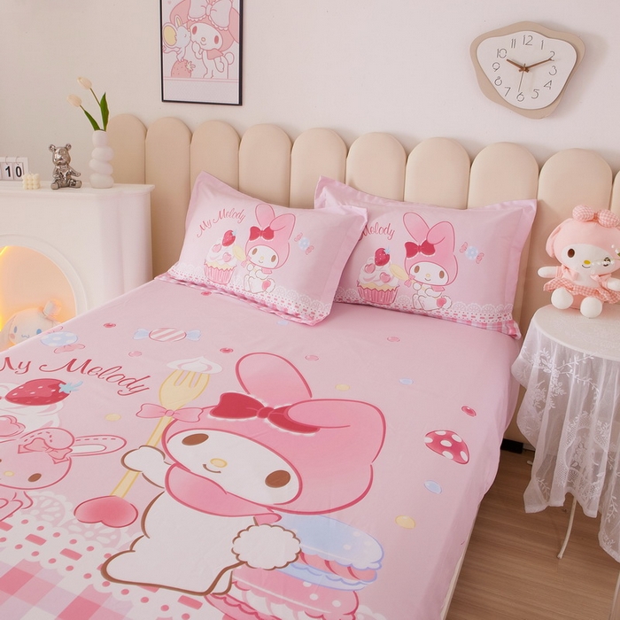 91家纺网 家纺一手货源 找家纺 蘭菲家纺 2024新款全棉大版三丽鸥卡通单床笠 节日快乐