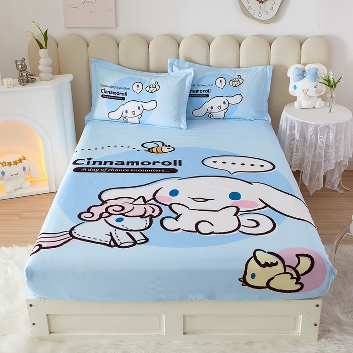 91家纺网 家纺一手货源 找家纺 蘭菲家纺 2024新款全棉大版三丽鸥卡通单床笠 布丁