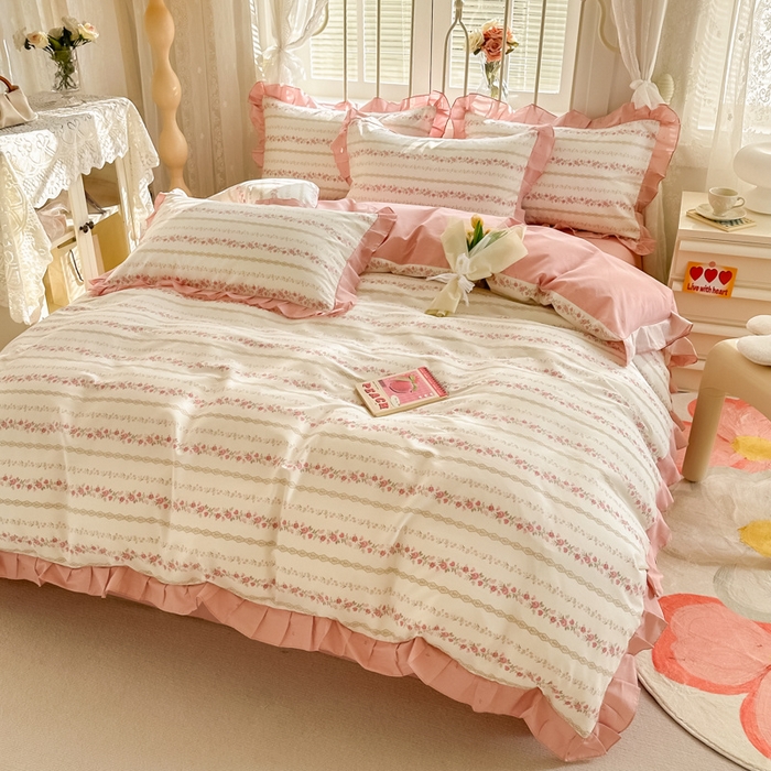 91家纺网 家纺一手货源 找家纺 眠屿 2024新款40支全棉花边四件套 柔美花秀