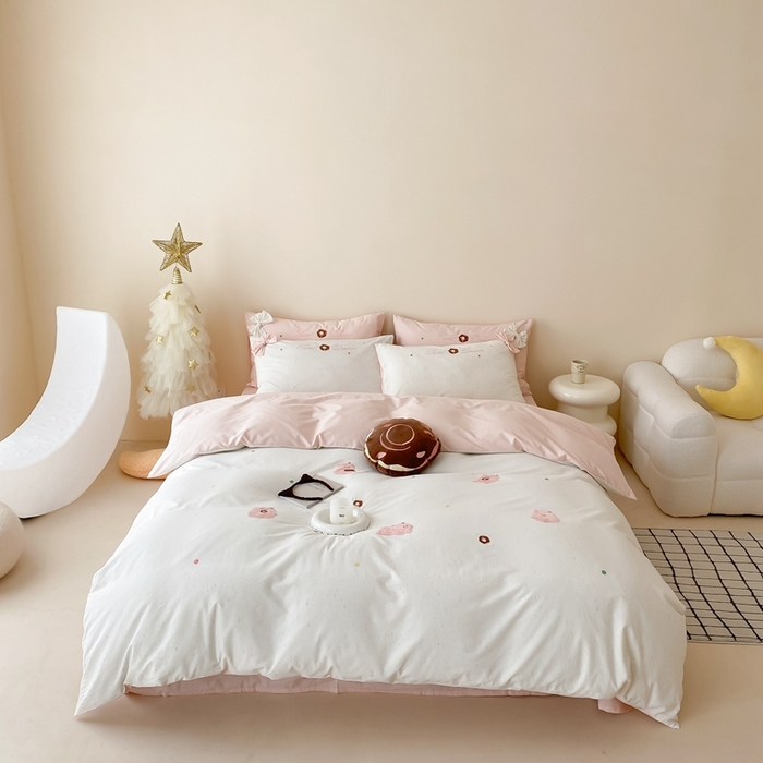 91家纺网 家纺一手货源 找家纺 朗莎 2024新款40S水洗棉四件套 粉猪猪