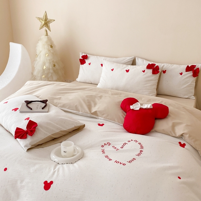 91家纺网 家纺一手货源 找家纺 朗莎 2024新款40S水洗棉四件套 爱心米奇