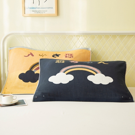 91家纺网 家纺一手货源 找家纺 朴尔家纺-毛巾被 2024新款卡通风格全棉四层纱布枕巾 彩虹-藏青