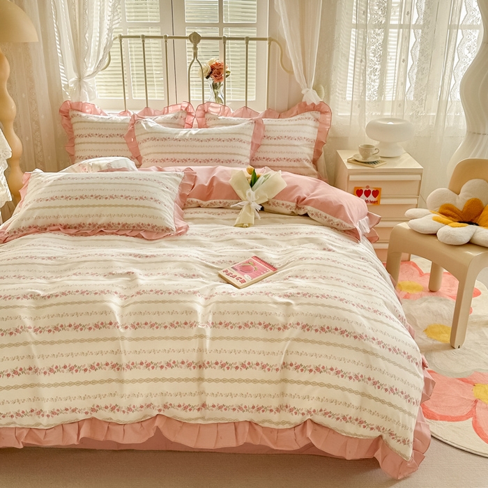 91家纺网 家纺一手货源 找家纺 眠屿 2024新款40支全棉花边四件套 柔美花秀