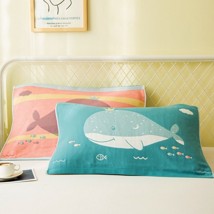 朴尔家纺-毛巾被 2024新款卡通风格全棉四层纱布枕巾 鲸鱼-绿