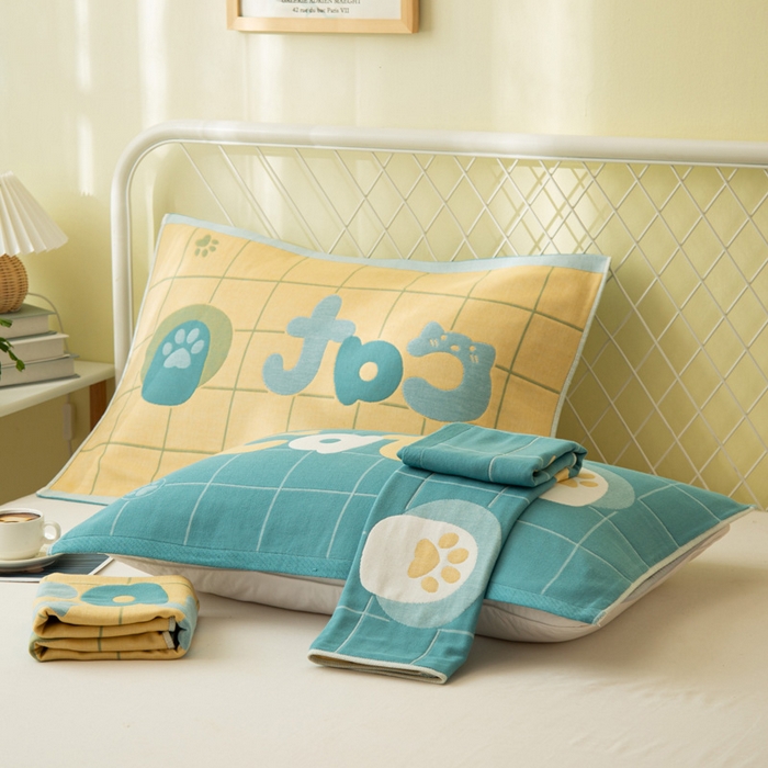 91家纺网 家纺一手货源 找家纺 朴尔家纺-毛巾被 2024新款卡通风格全棉四层纱布枕巾 cat-绿