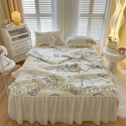 慕澄家纺 2024新款小版印花床裙款乳胶凉席凉感丝夏被四件套 床裙款-顽皮小恐龙