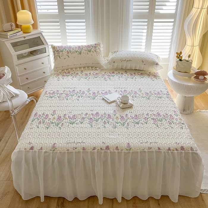 91家纺网 家纺一手货源 找家纺 慕澄家纺 2024新款小版印花床裙款乳胶凉席三件套 床裙款-紫色浪漫