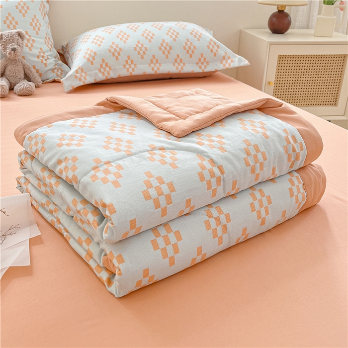 91家纺网 家纺一手货源 找家纺 梵克保罗 2024新款春夏水洗棉麻双层纱夏被四件套 棋盘格