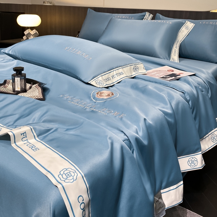 91家纺网 家纺一手货源 找家纺 2025新款 水洗真丝四件套-香蜜 香蜜-海水蓝