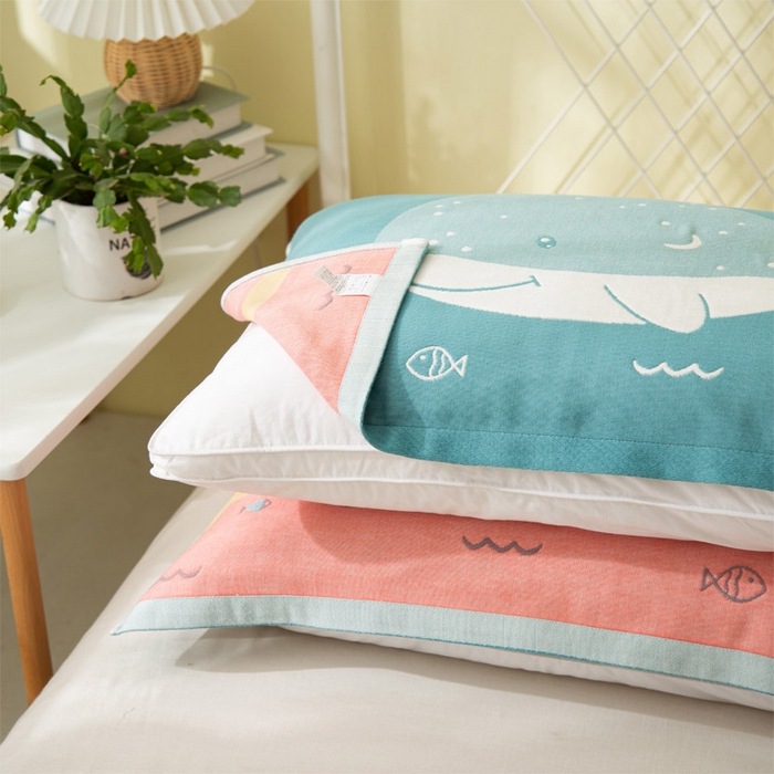 91家纺网 家纺一手货源 找家纺 朴尔家纺-毛巾被 2024新款卡通风格全棉四层纱布枕巾 鲸鱼-绿