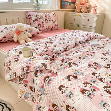 91家纺网 家纺一手货源 找家纺 （总）花漾 2024新款A类花边小清新卡通针织凉感丝夏被软席四件套凉席夏被四件套