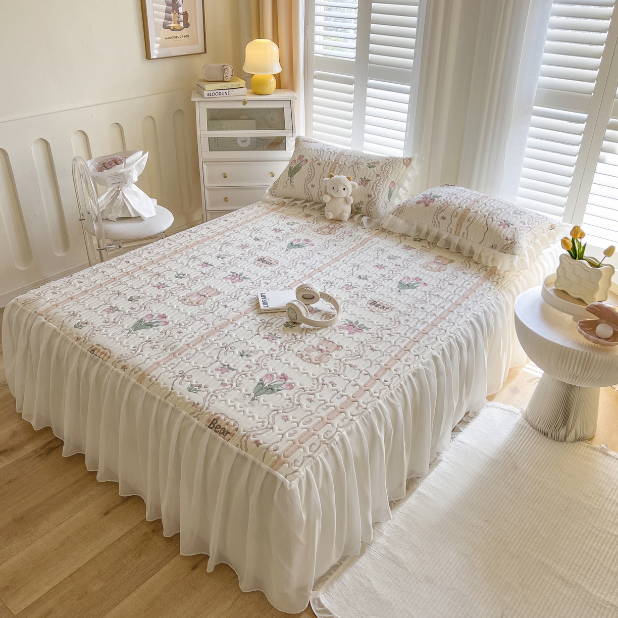 91家纺网 家纺一手货源 找家纺 慕澄家纺 2024新款小版印花床裙款乳胶凉席三件套 床裙款-洛丽塔