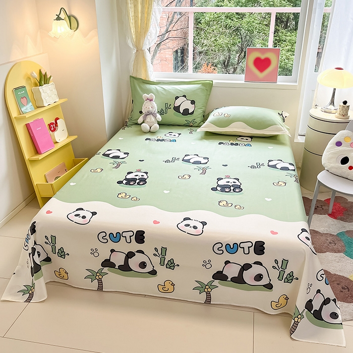 91家纺网 家纺一手货源 找家纺 绵庭家纺 2024新款AB版12868全棉印花单床单 熊猫戏水绿