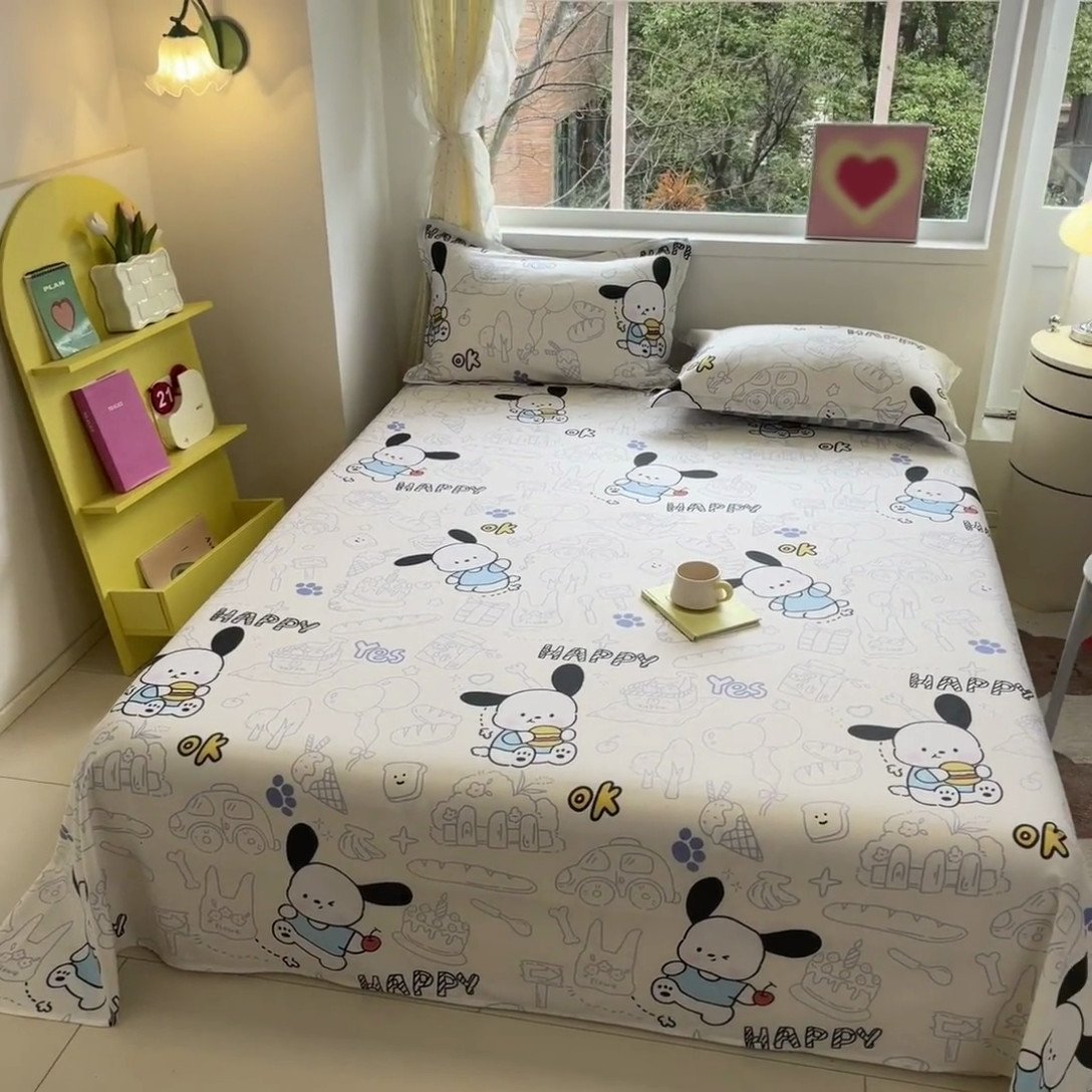 91家纺网 家纺一手货源 找家纺 绵庭家纺 2024新款AB版12868全棉印花单床单 蓝色小狗