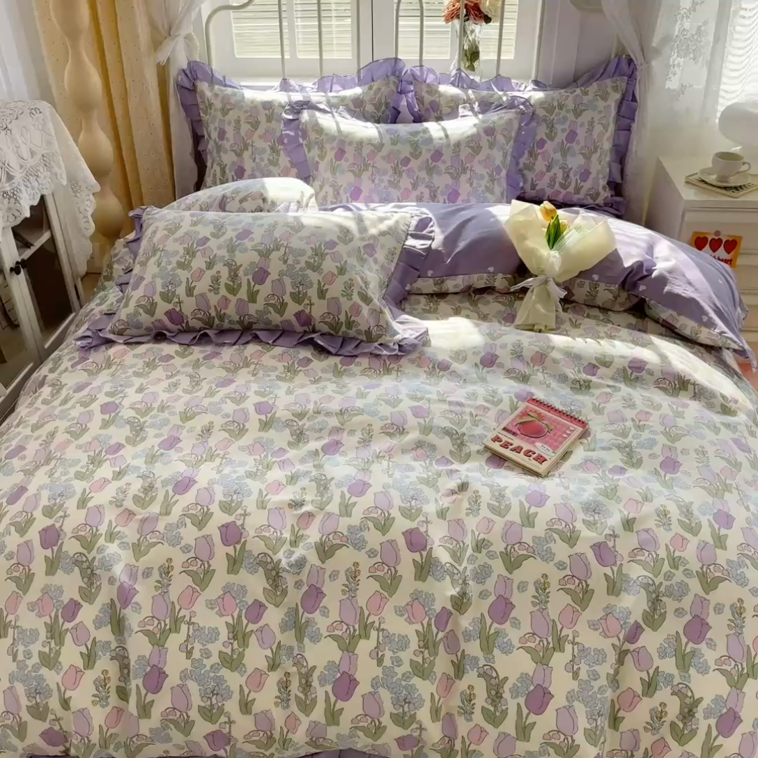 91家纺网 家纺一手货源 找家纺 眠屿 2024新款40支全棉花边四件套 春之画卷