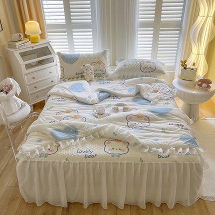 慕澄家纺 2024新款小版印花床裙款乳胶凉席凉感丝夏被四件套 床裙款-爱心小熊