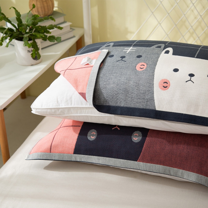 91家纺网 家纺一手货源 找家纺 朴尔家纺-毛巾被 2024新款卡通风格全棉四层纱布枕巾 小猫-藏青