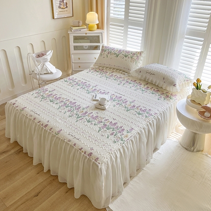 慕澄家纺 2024新款小版印花床裙款乳胶凉席三件套 床裙款-紫色浪漫