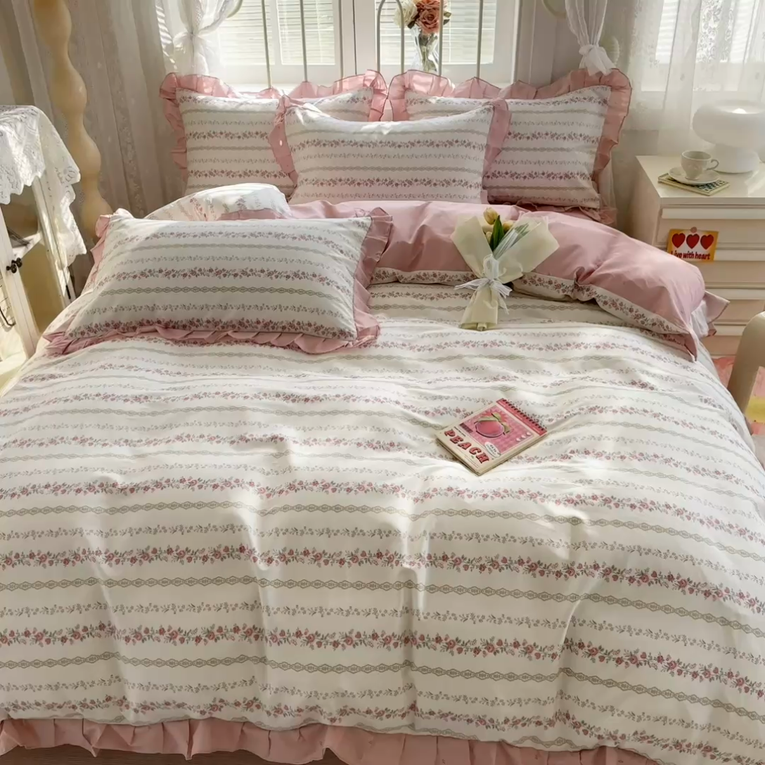 91家纺网 家纺一手货源 找家纺 眠屿 2024新款40支全棉花边四件套 柔美花秀